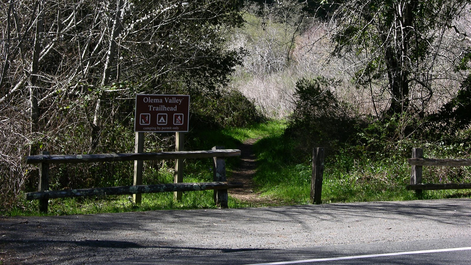 A moderate-sized brown trailhead sign stands behind a split-rail fence alongside a paved road.