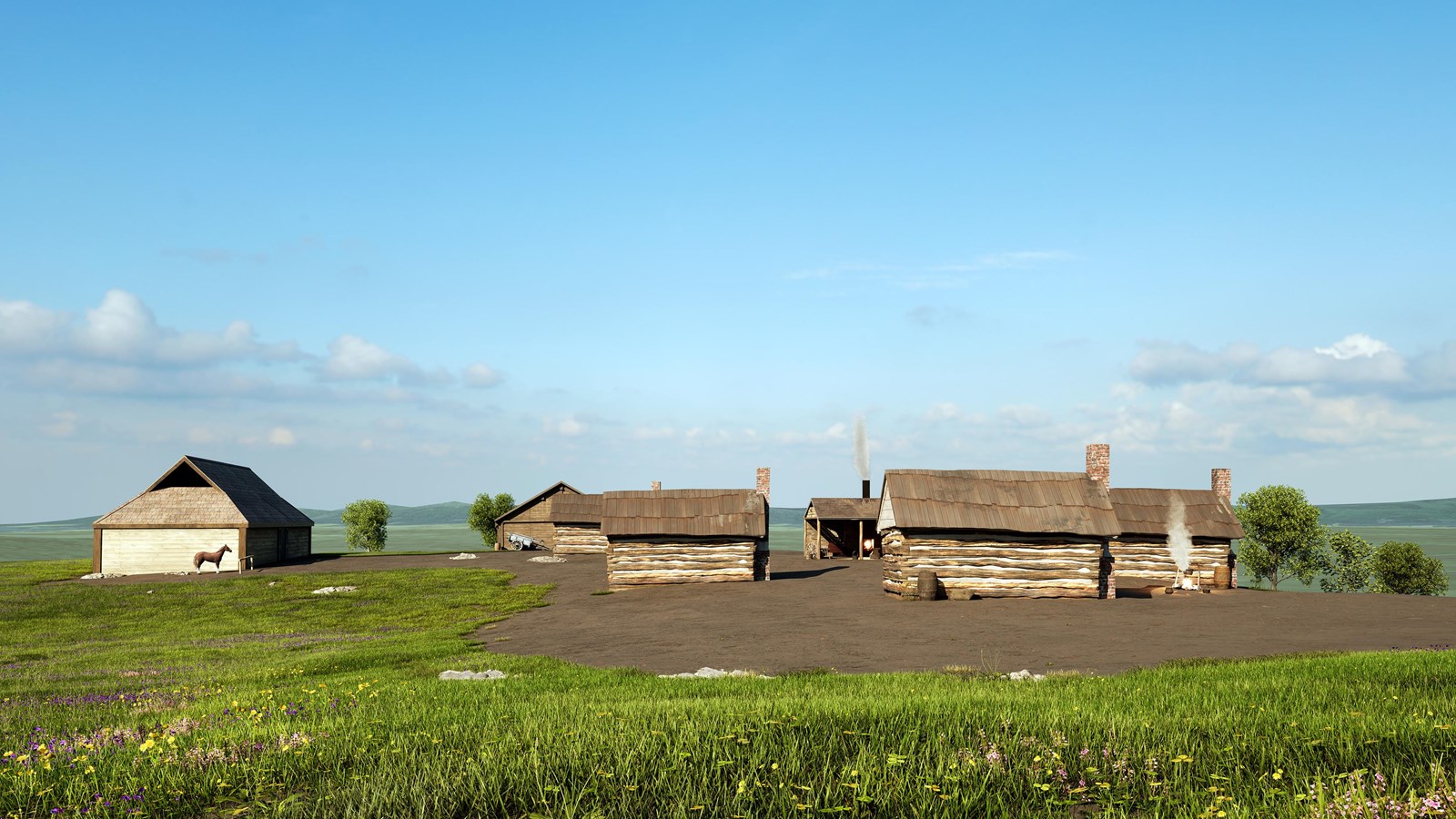 A digital illustration recreates the site of enslaved quarters at a plantation.