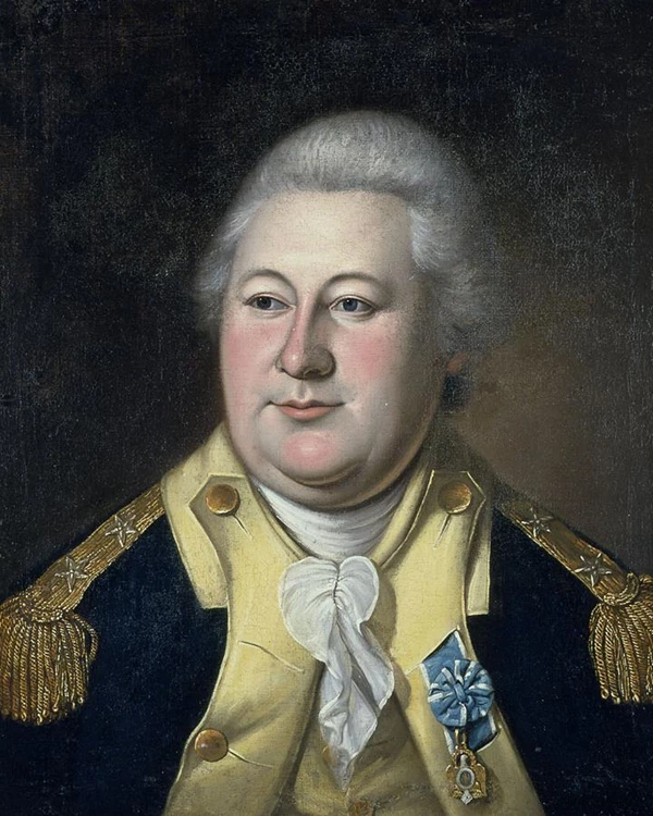 Oil painting of man with white hair in military uniform with gold facings and epaulets.