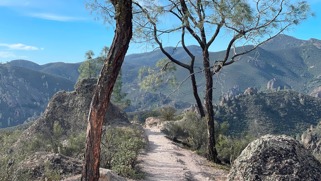 Rocky dirt trail on a mountain top with rolling mountains seen in the distance