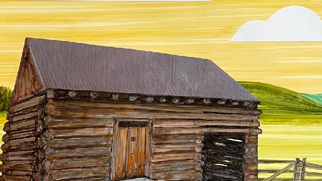 Color illustration of a wooden barn in a montane grassland