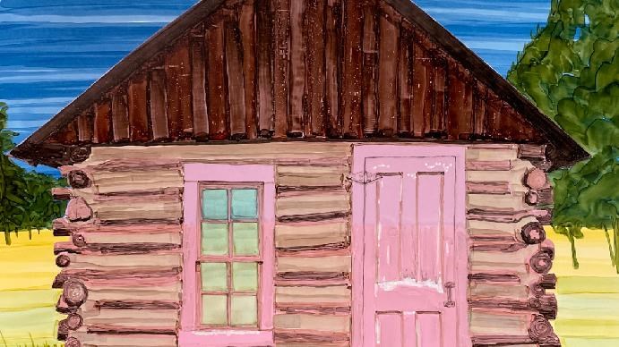 Color illustration of a historic log cabin with a pink door.