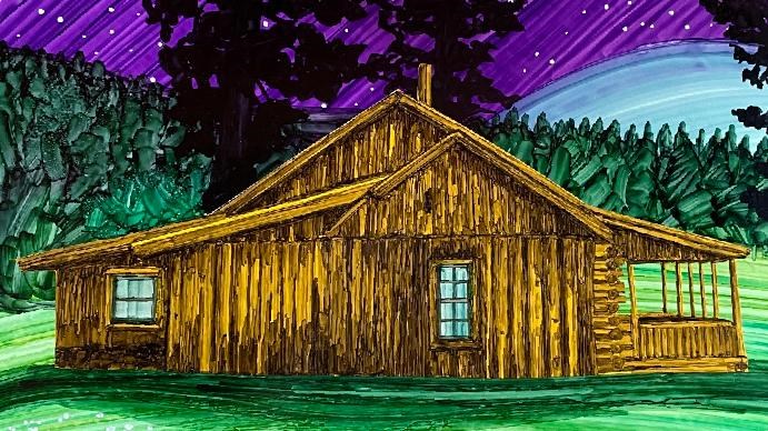A color illustration of a historic log cabin under the night sky.