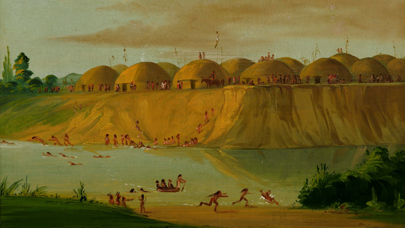 Painting of people and rounded houses sit at edge of a steep riverbank. Other people depicted below