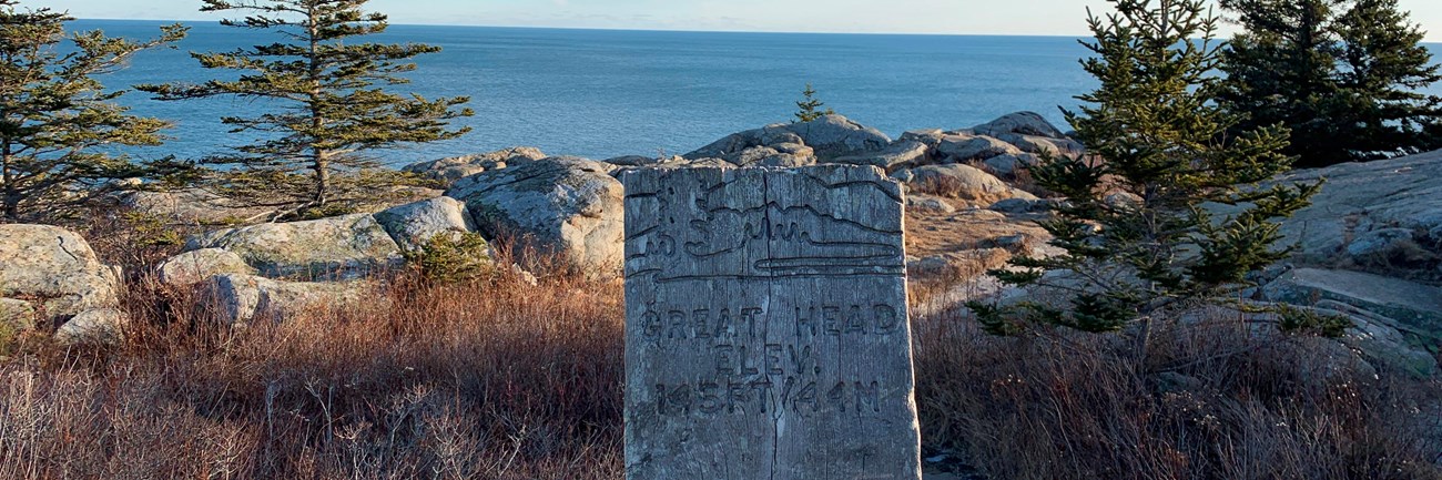 a wooden sign with in front of ocean view and trees