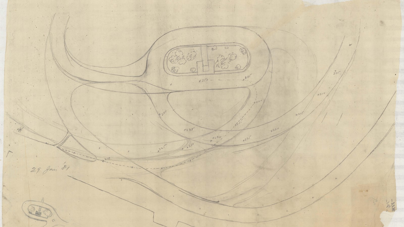 Pencil drawing of curved roads with a lot with trees and a building on it. 