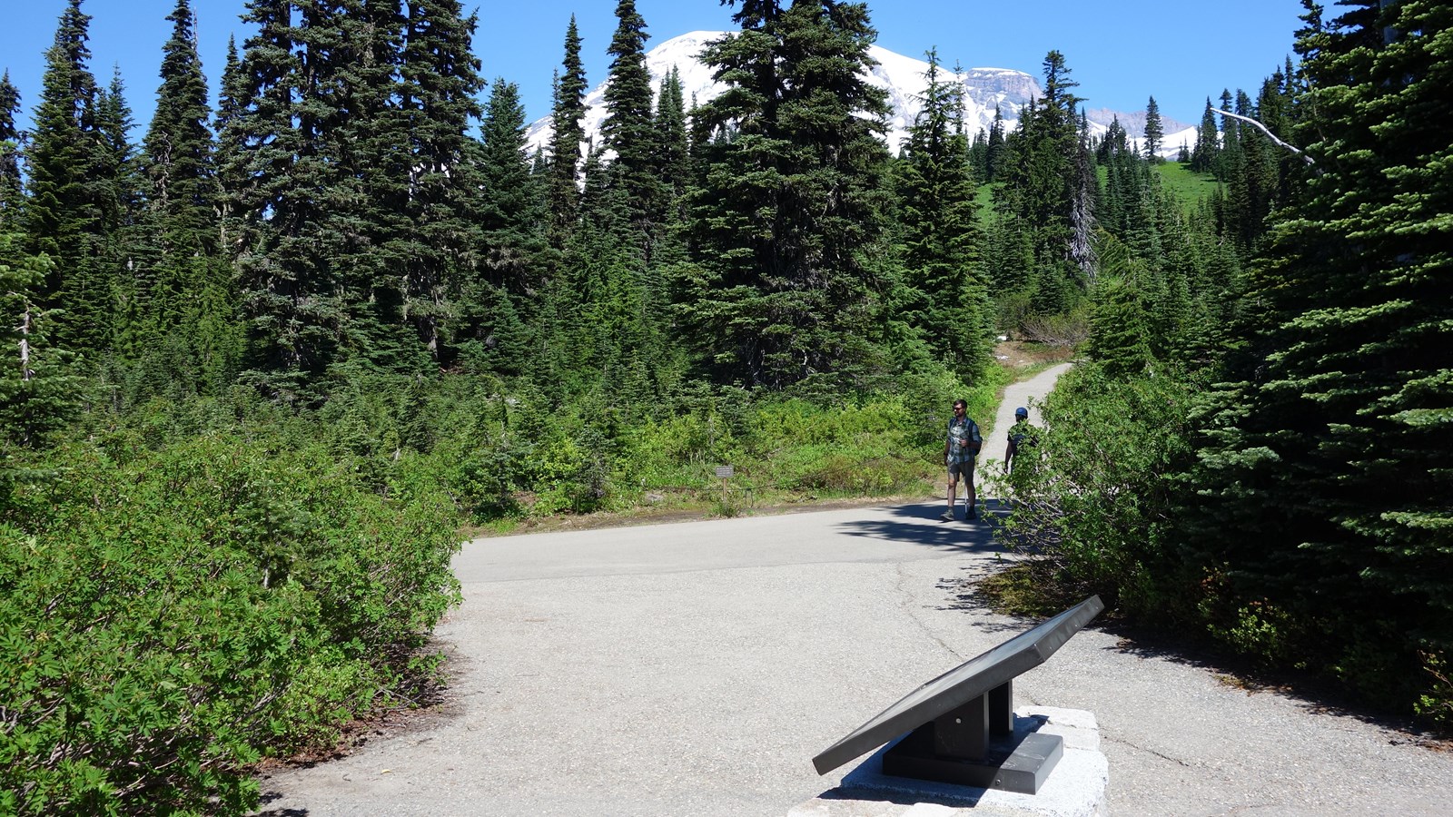 An exhibit panel on a rock wall south of an intersection of two paved trails.