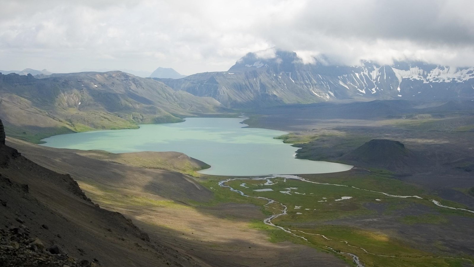 View looking down on a lake 