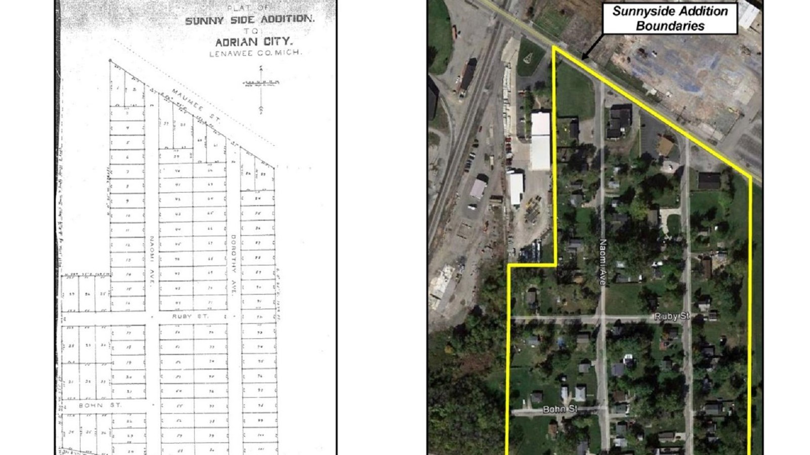 Historical plat map and modern aerial showing boundaries and individual lots within the addition