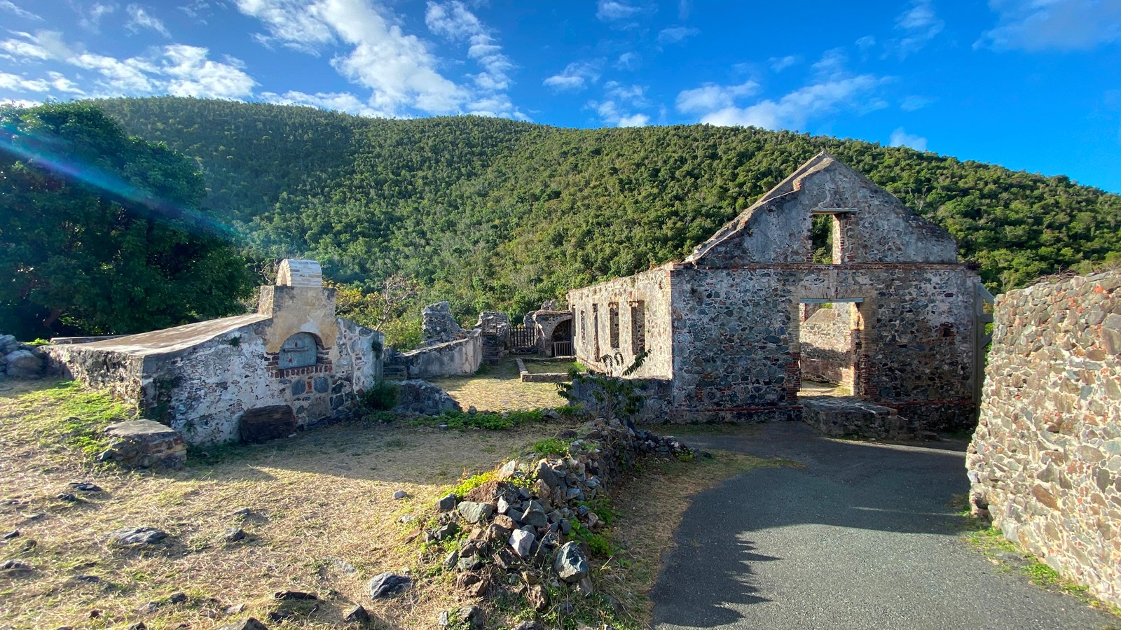 Much remains of the intricately built stone structures. The building no longer has roof or windows.