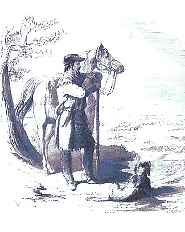 A man in frontier clothing standing by his horse