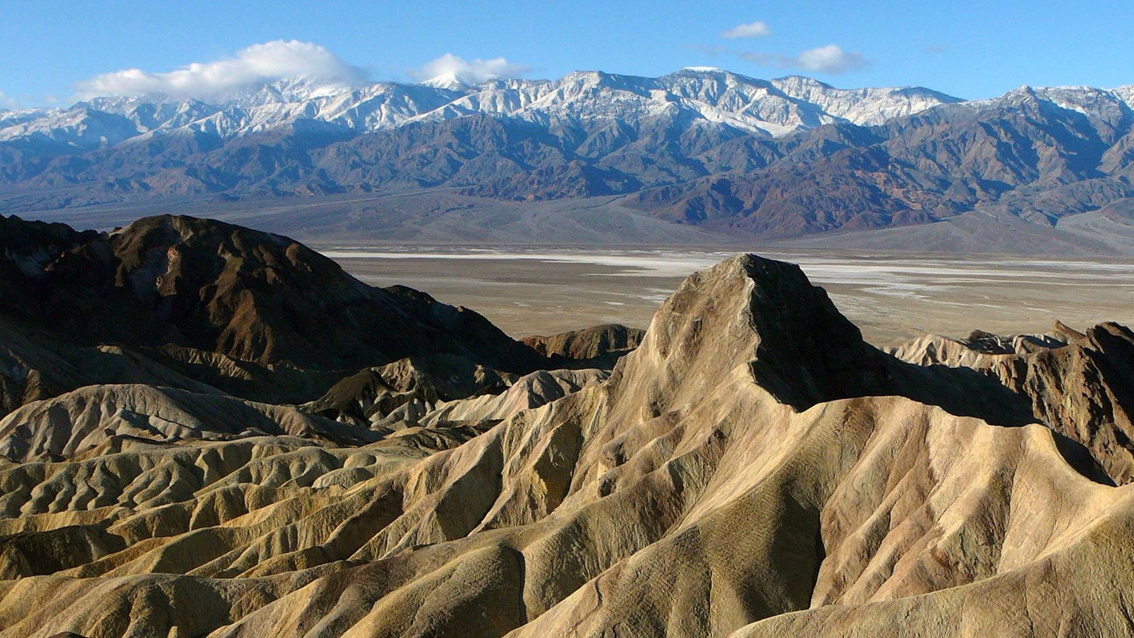 tan and brown badlands with snowcapped mountains behind