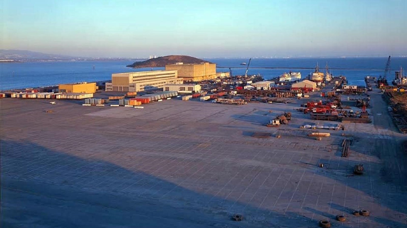 Shipyards on the water. 