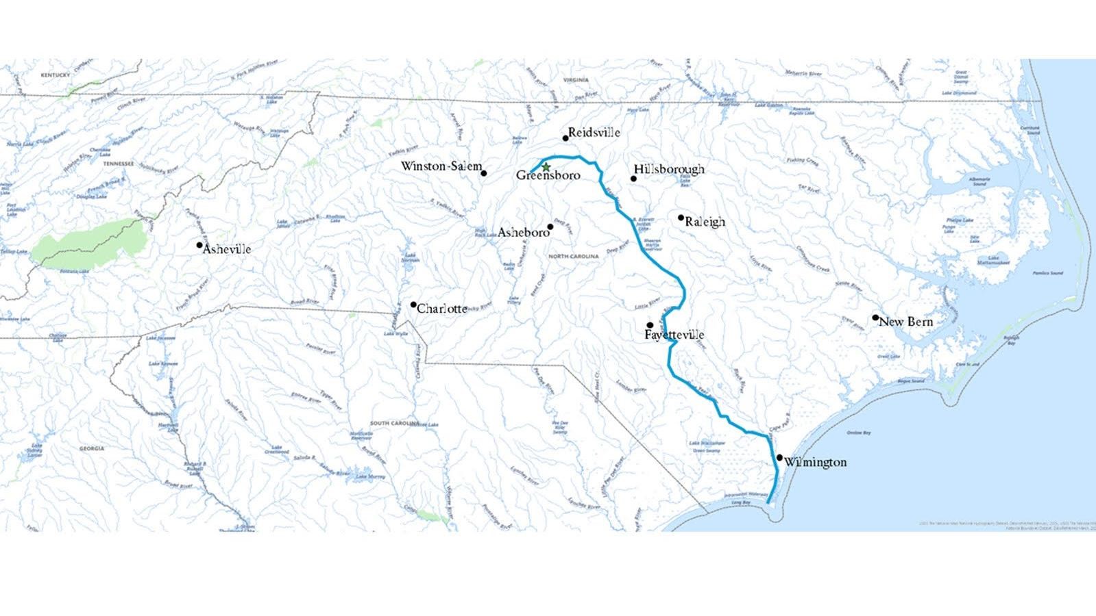 A map depicts the many rivers of North Carolina. One in particular is affected by the park.