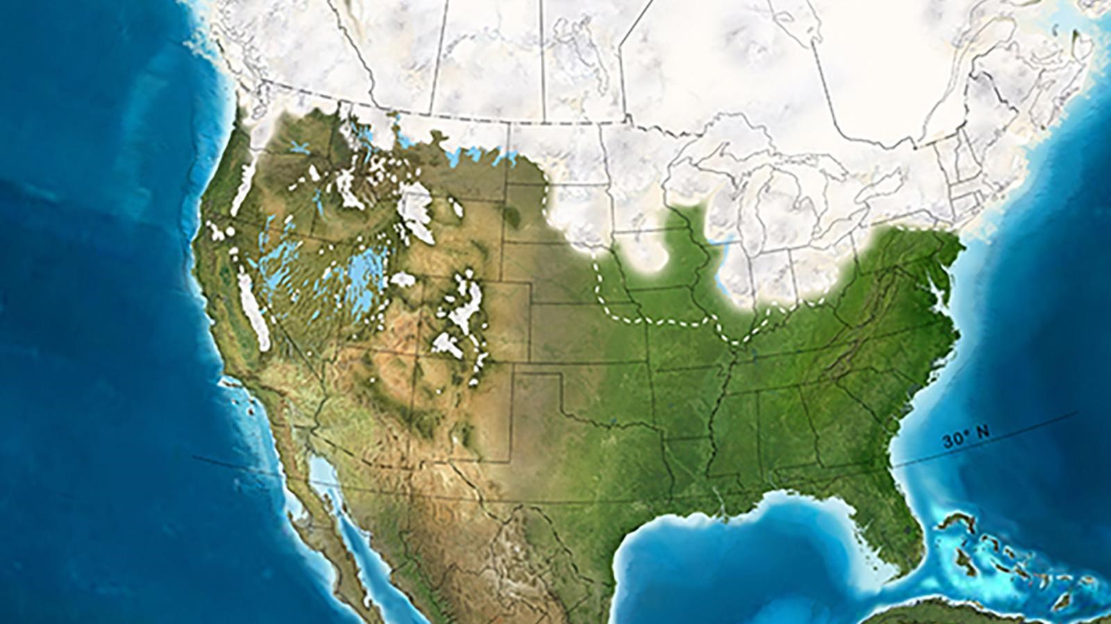 A map of North America showing an ice sheet extending into the northern contiguous United States