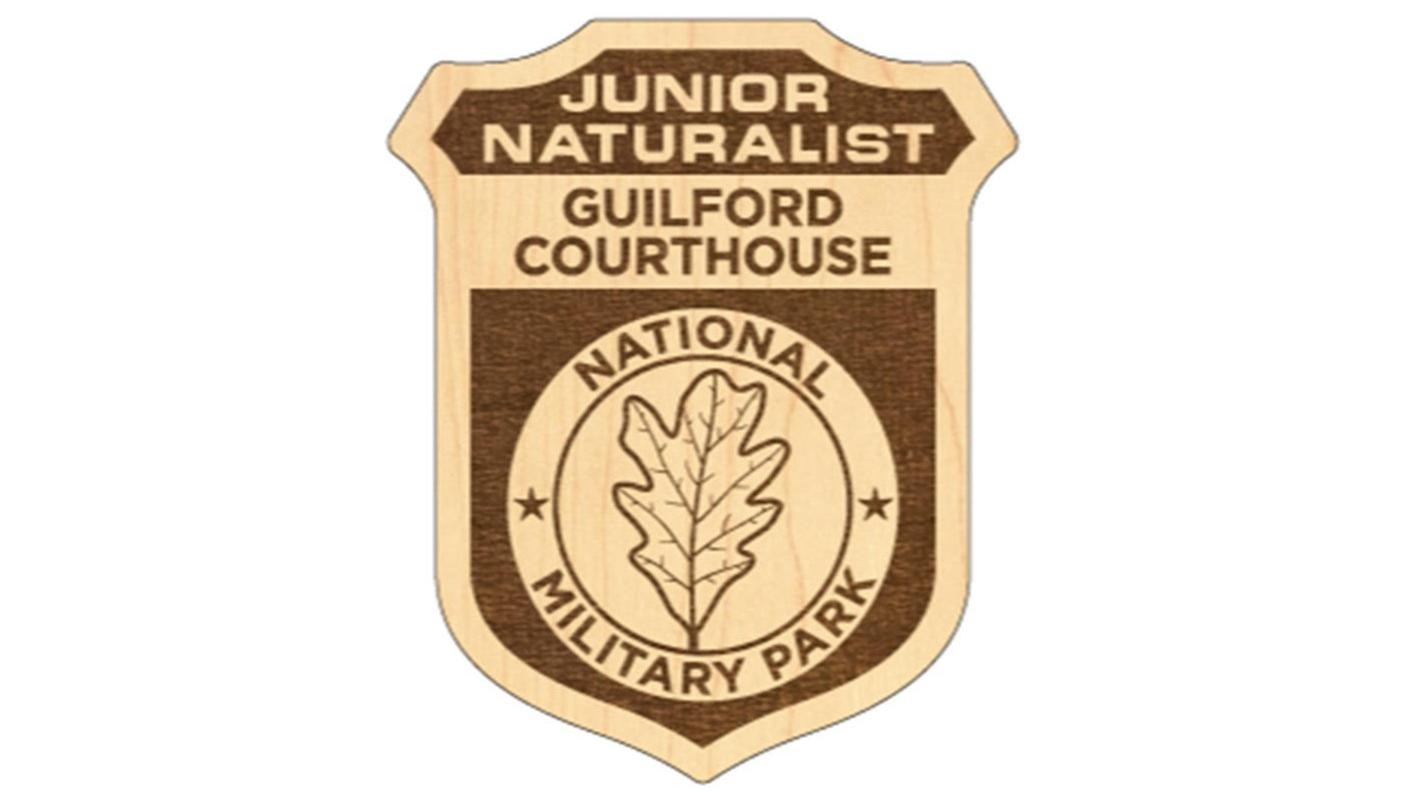 A wooden junior naturalist badge, shaped like a ranger badge, featuring a leaf logo.