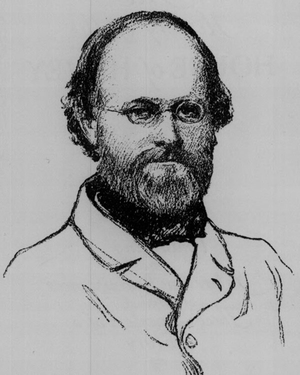 Sketch of a balding man with a short beard and mustache wearing 1800s clothing.