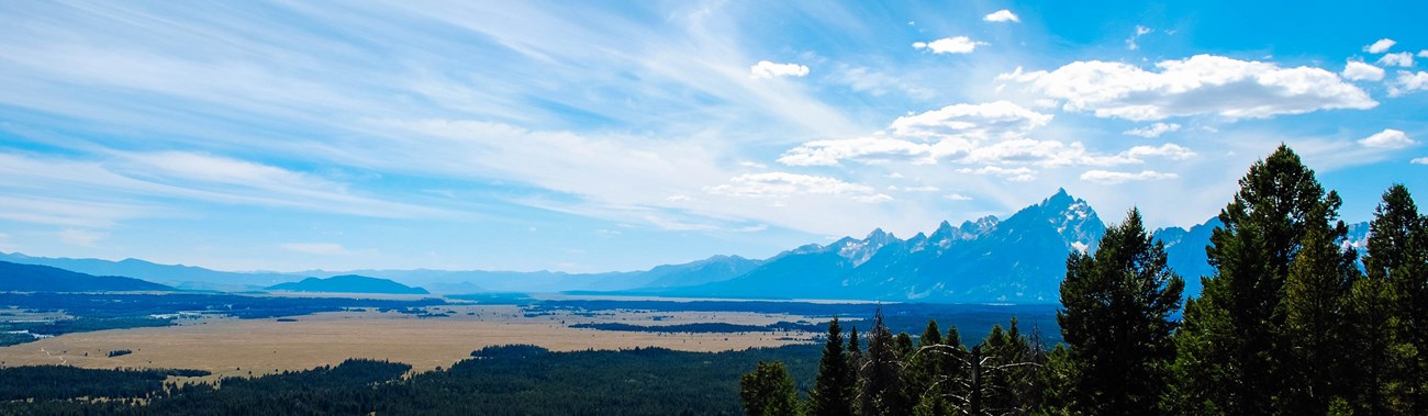 People stand on a hillside with mountains in the distance and steaks of clouds.