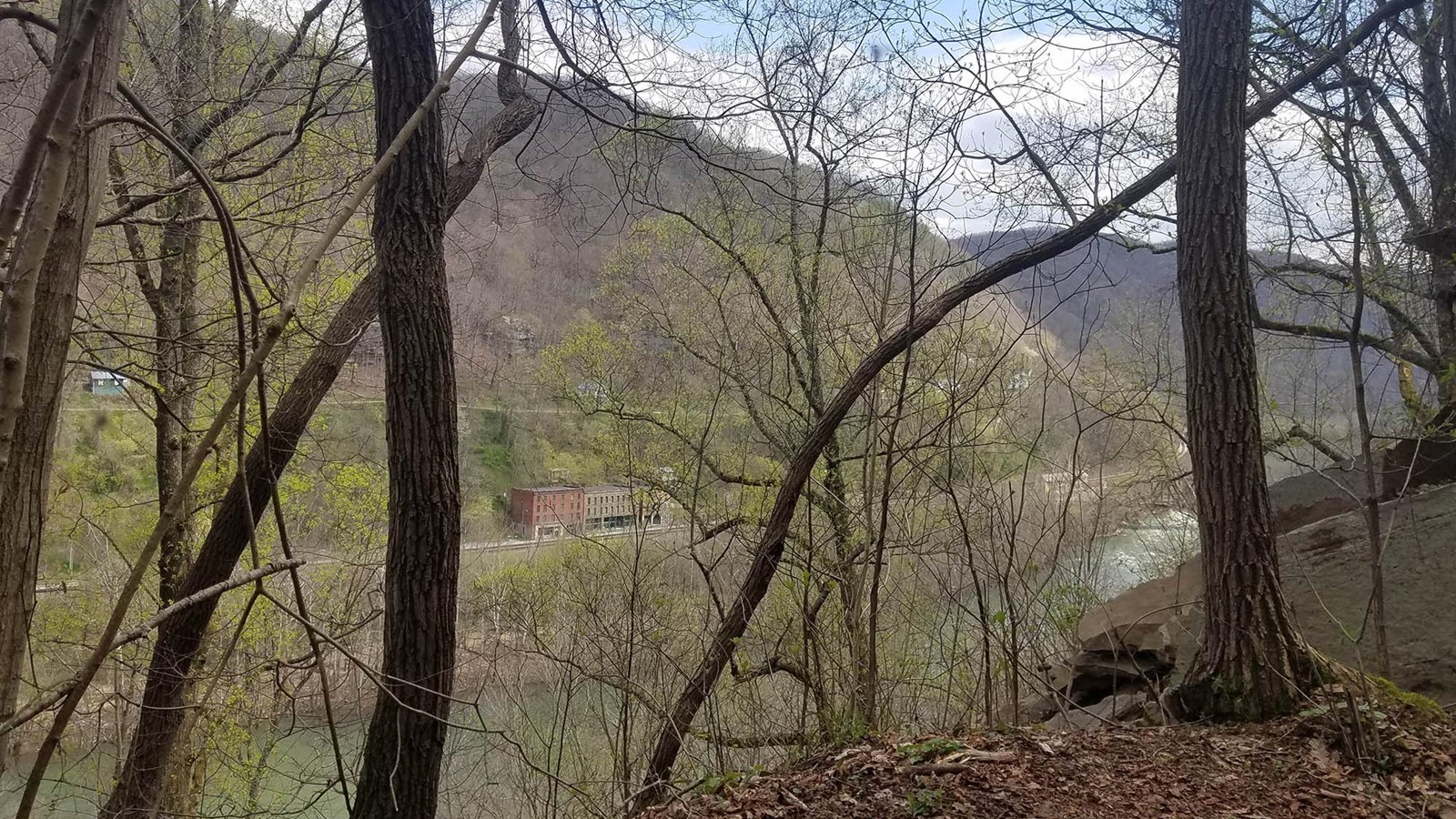  A view through the trees overlooking the town of Thurmond from across the river.