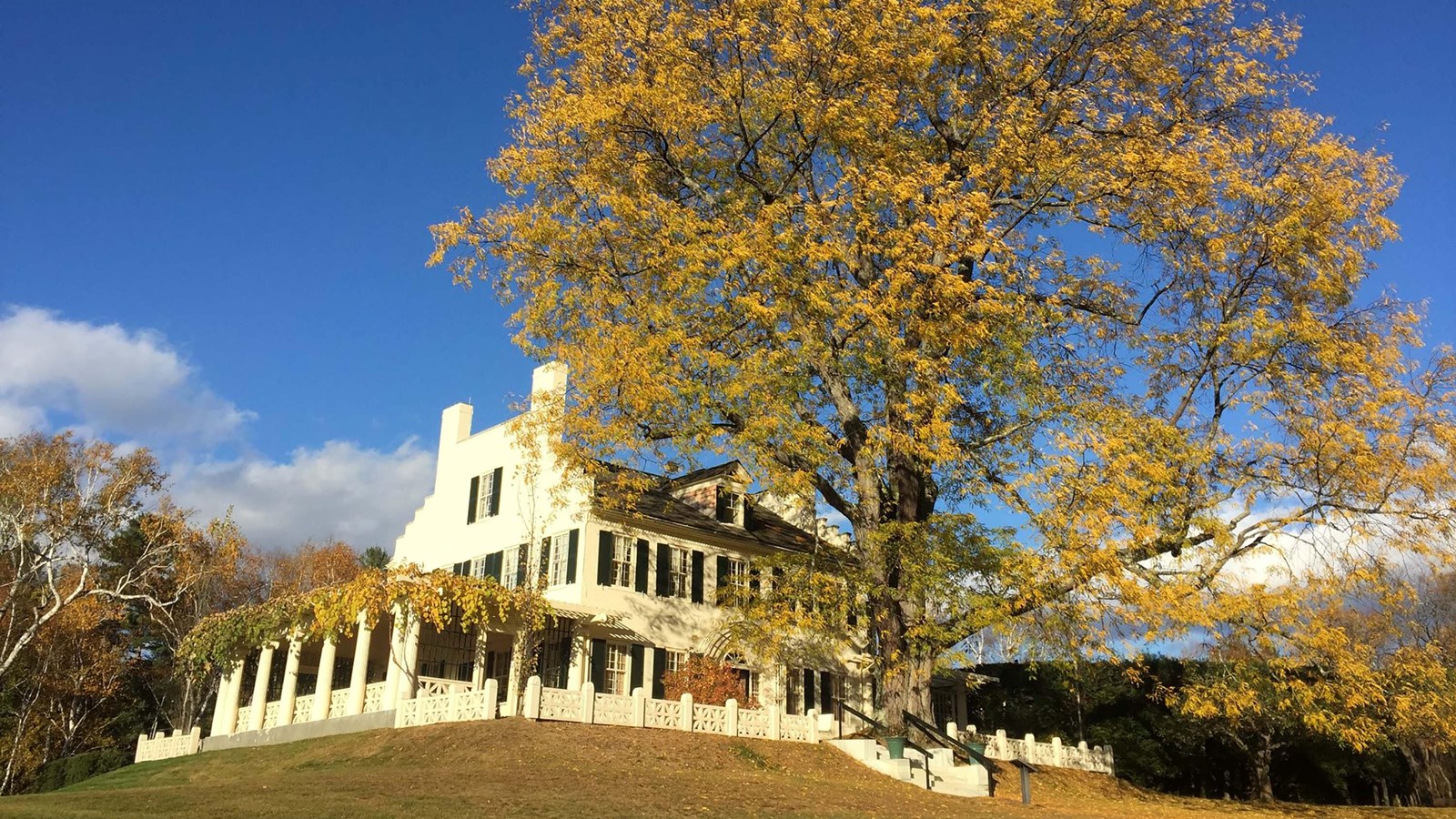 View of Aspet on a bright Fall day with birch tree in front