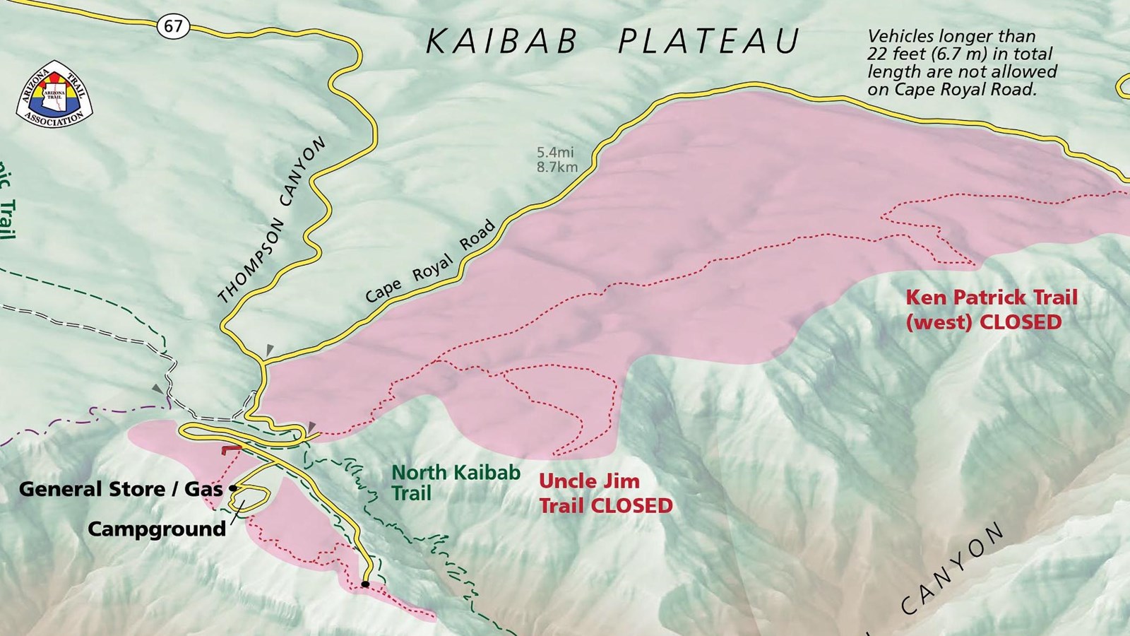 Overview map of North Rim developed area and part of the scenic roads. Closed areas shaded in red.