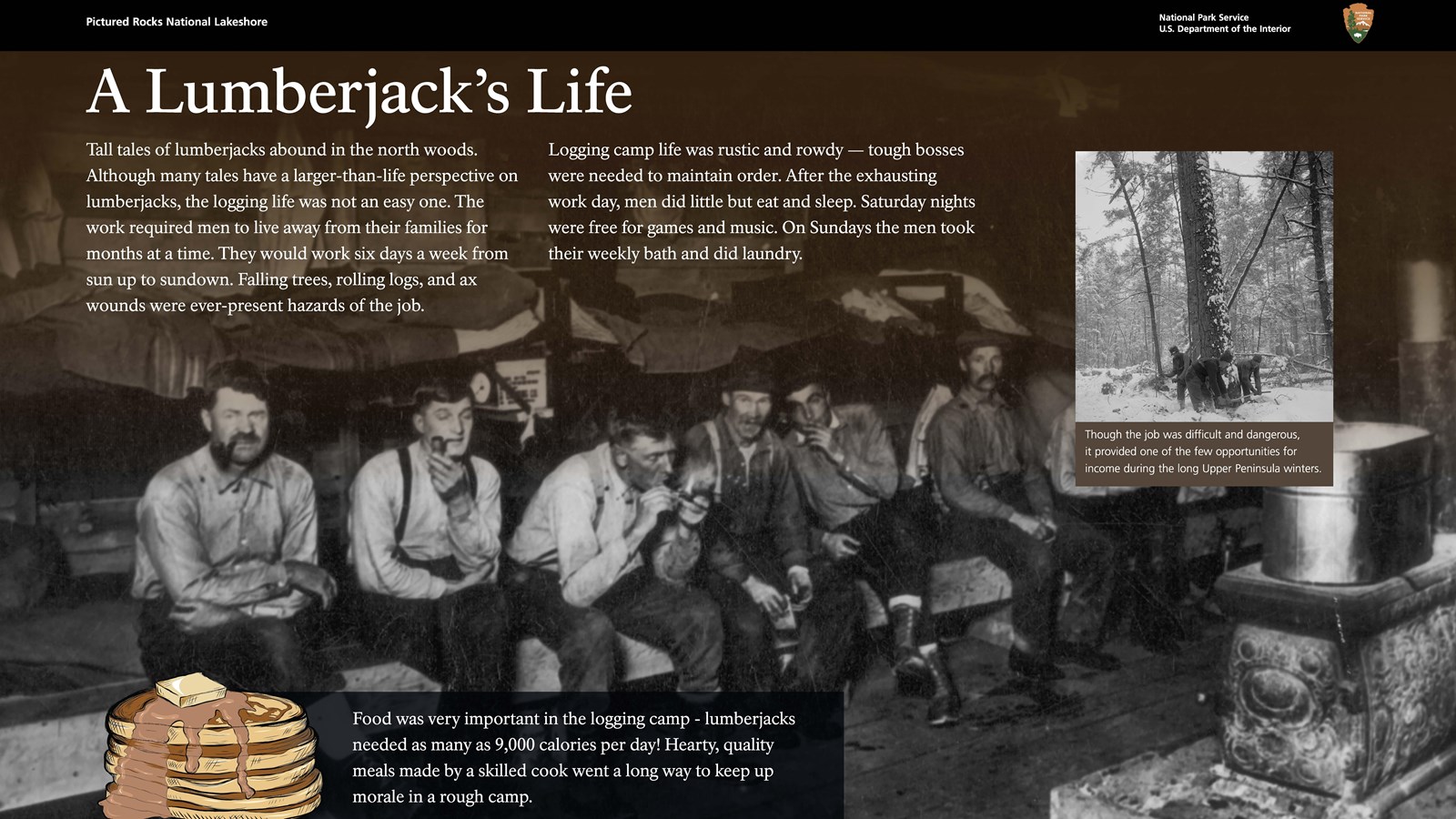 A wayside describing living conditions in a logging camp in the early 1900s.