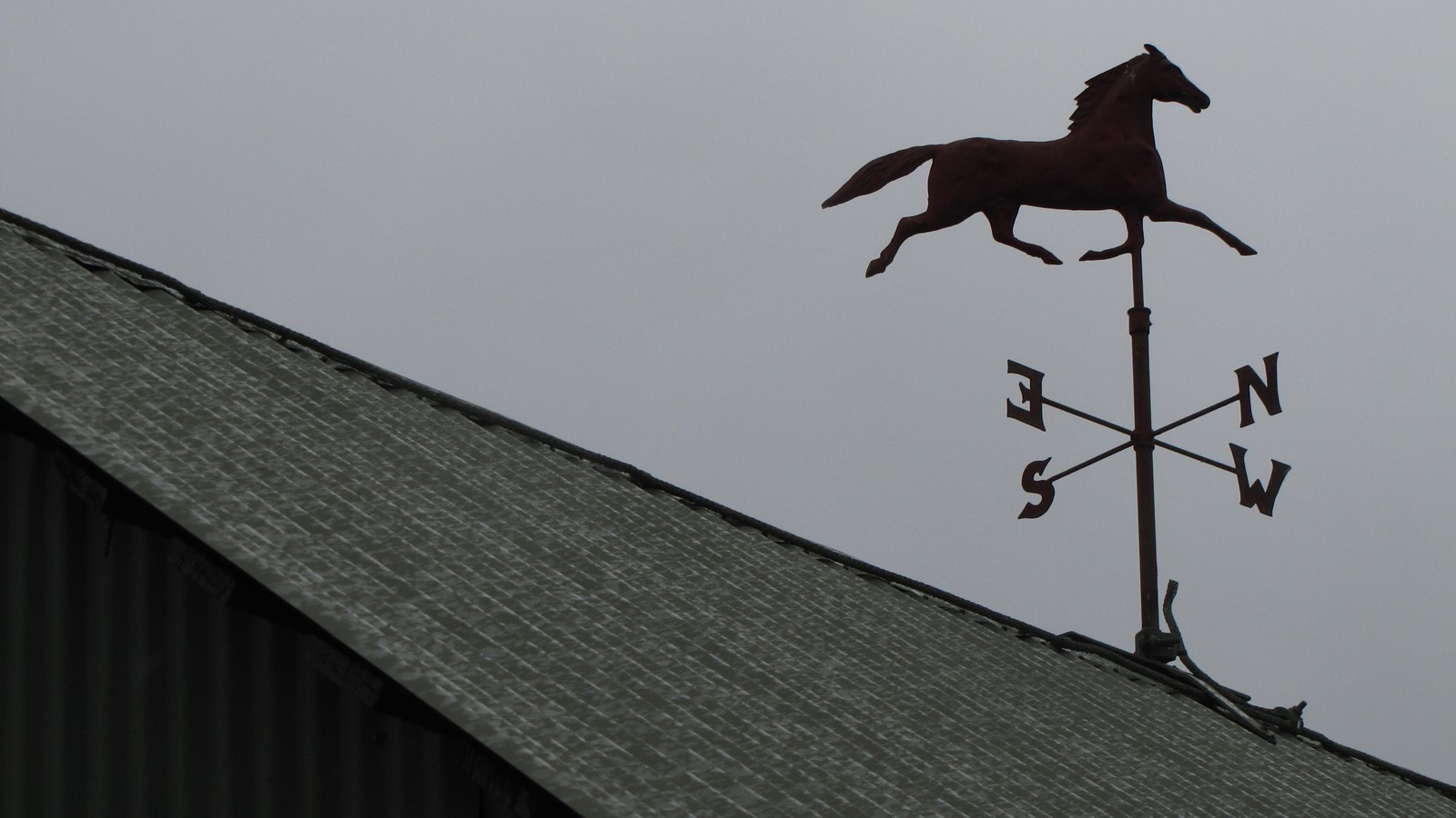 A red horse weather vane sits atop a dark green rooftop.