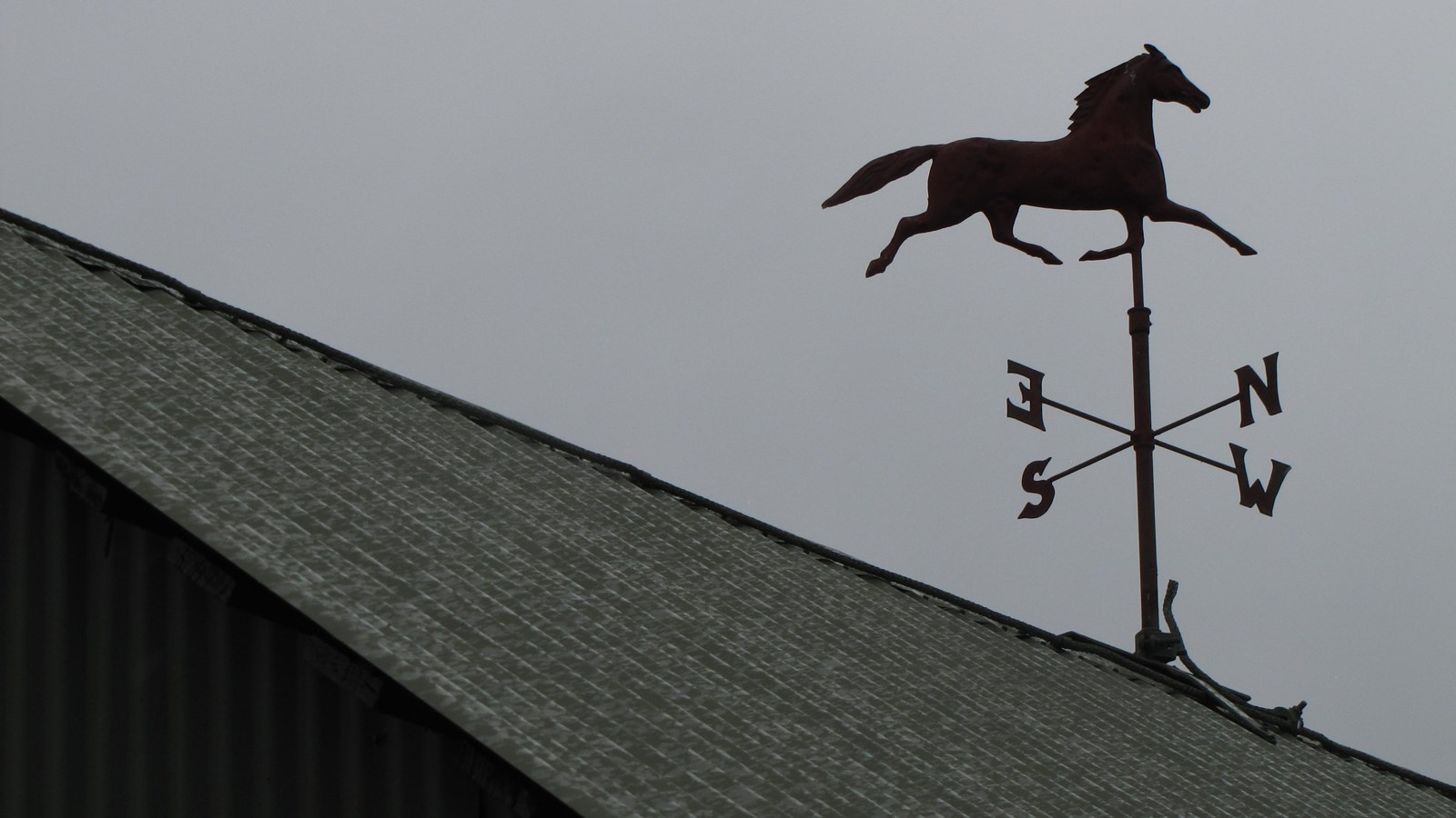 A red horse weather vane sits atop a dark green rooftop.