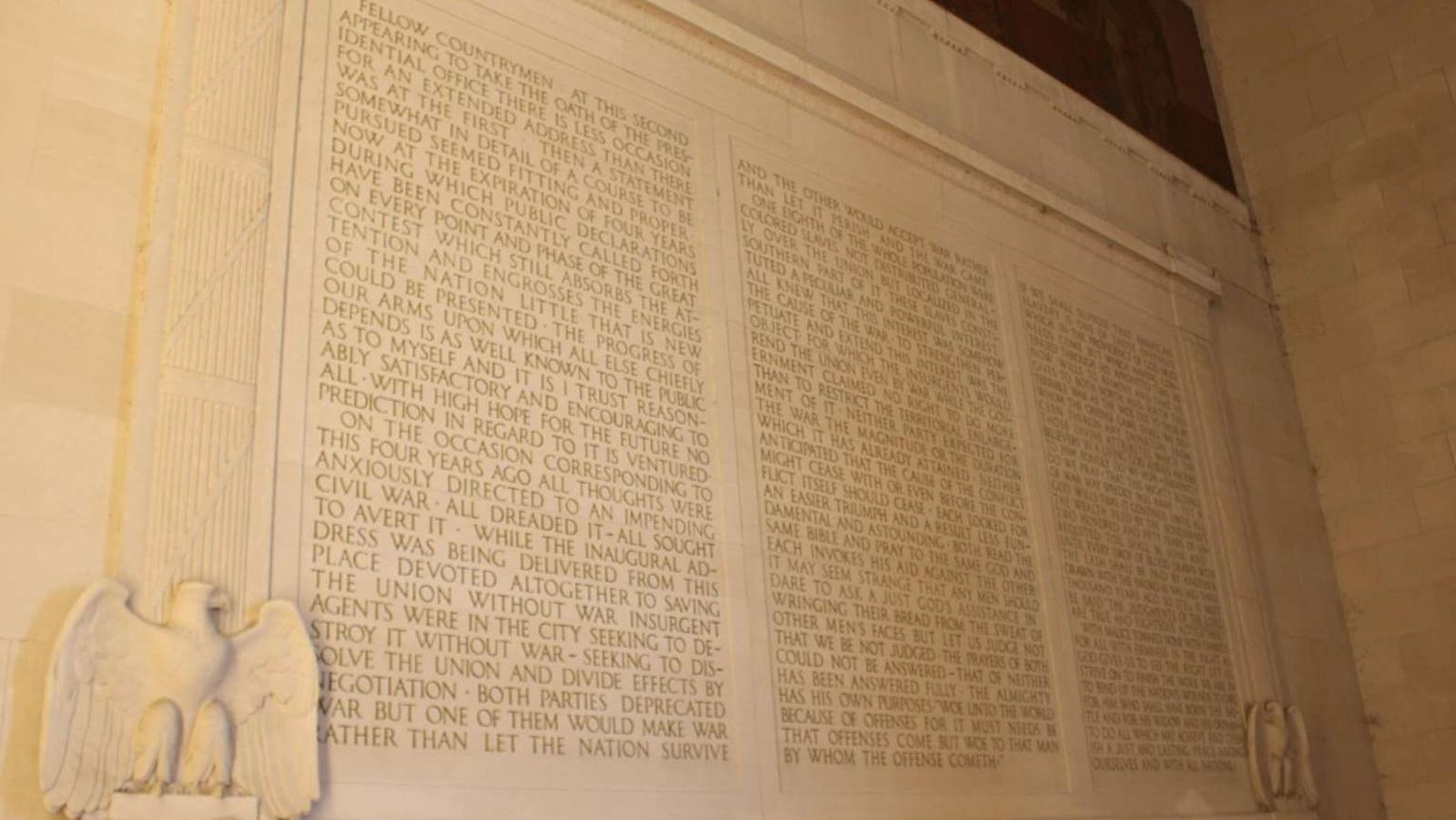 Text of Lincoln\'s second inaugural address inscribed on wall in monument.