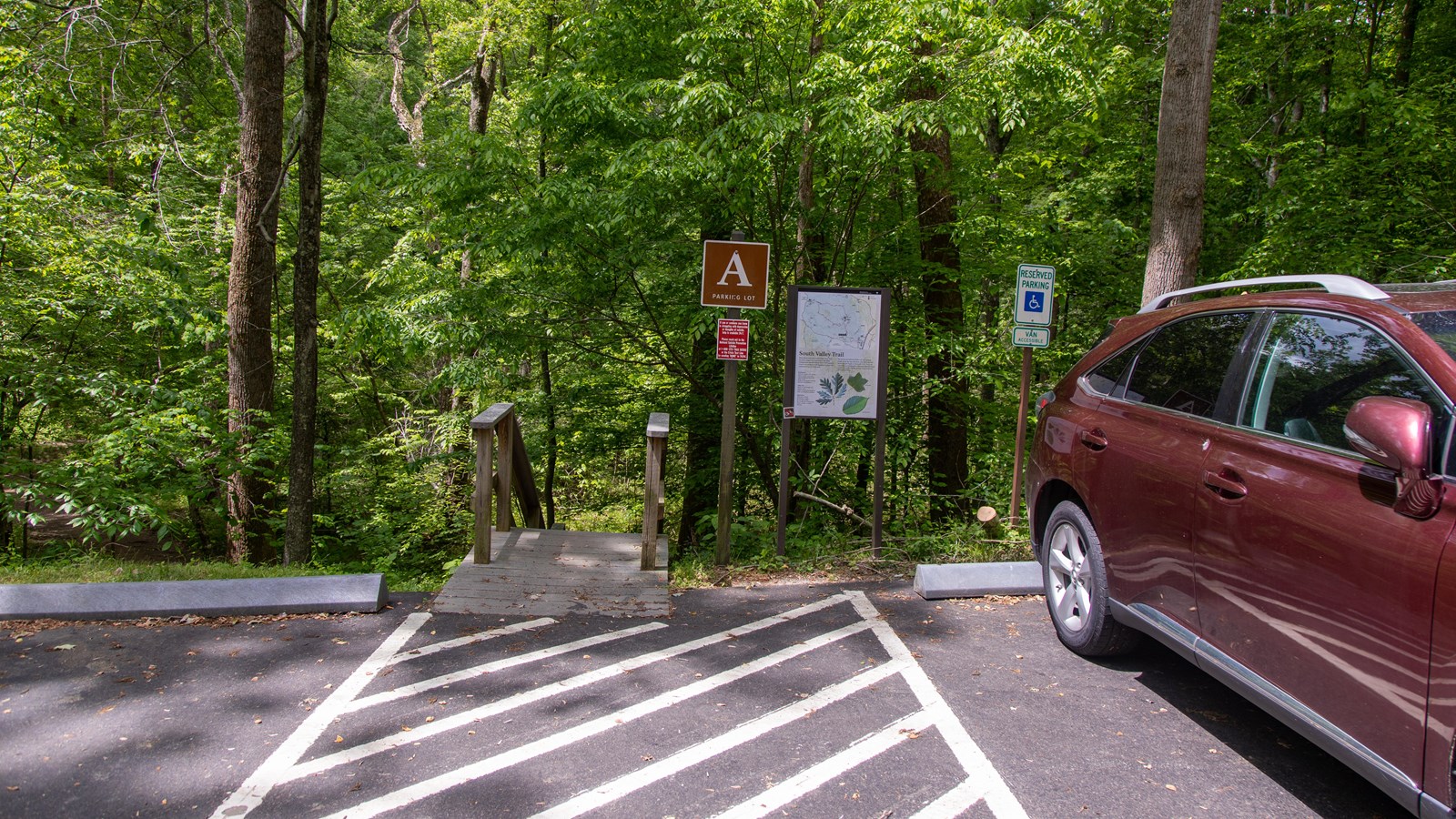 A sign with the letter A is posted next to wooden stairs leading down to a trail among green trees