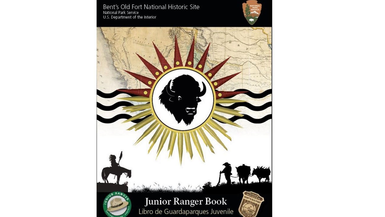 front cover of Junior Ranger booklet with buffalo in center, Native American on horse and trader