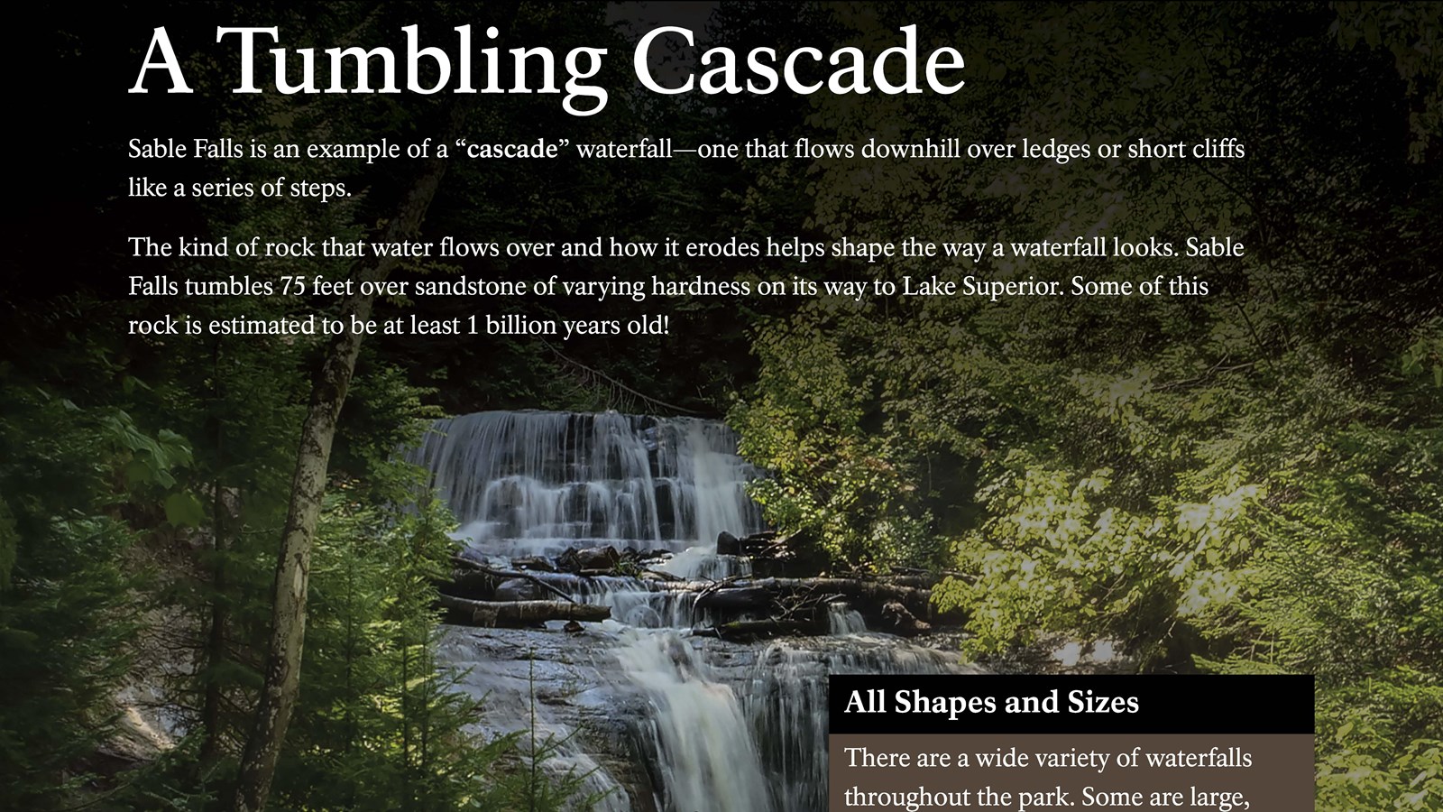A wayside panel describing Sable Falls and the properties of other waterfalls.