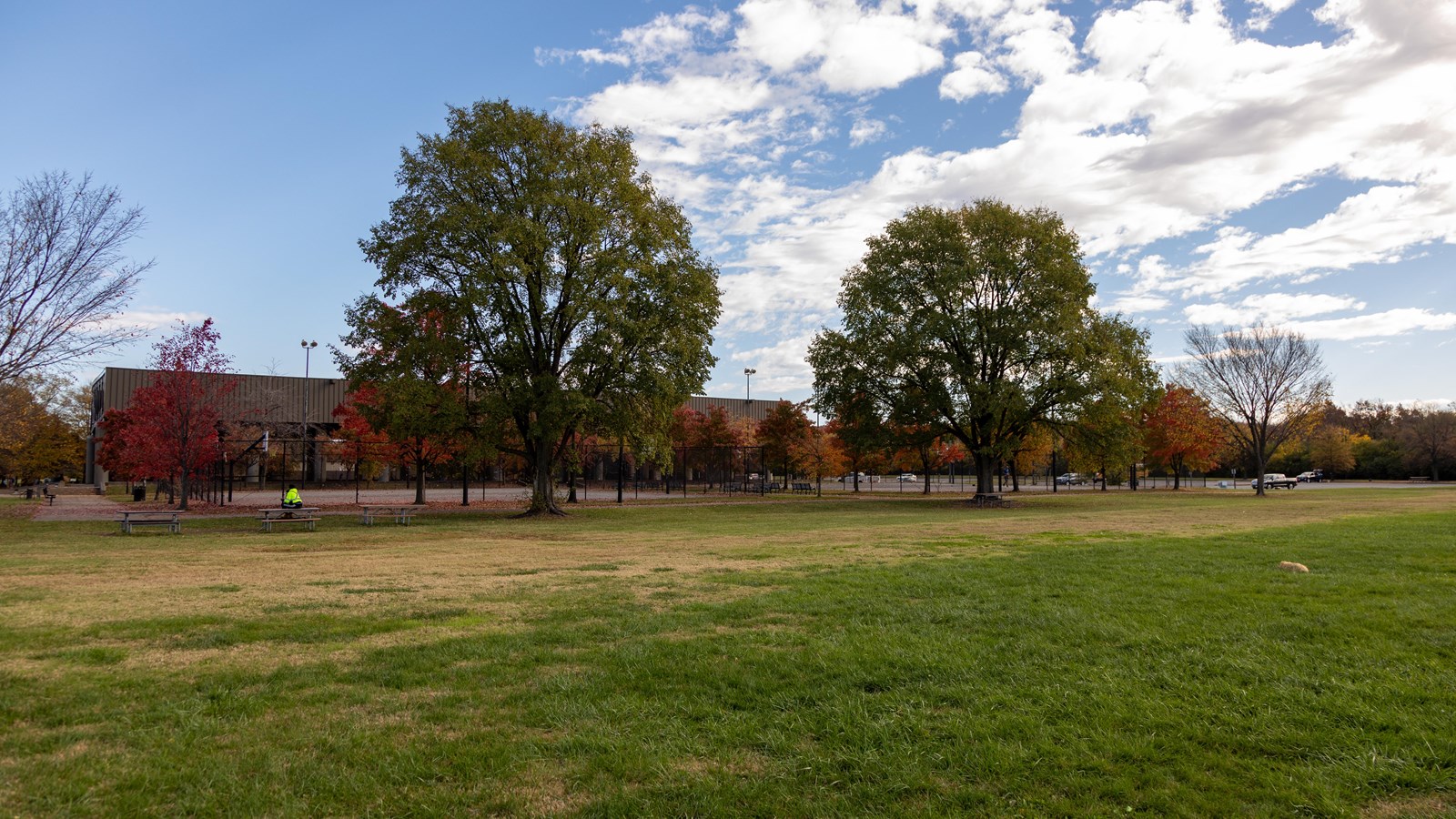 An open field has a building behind it. Trees and picnic tables are in the background.
