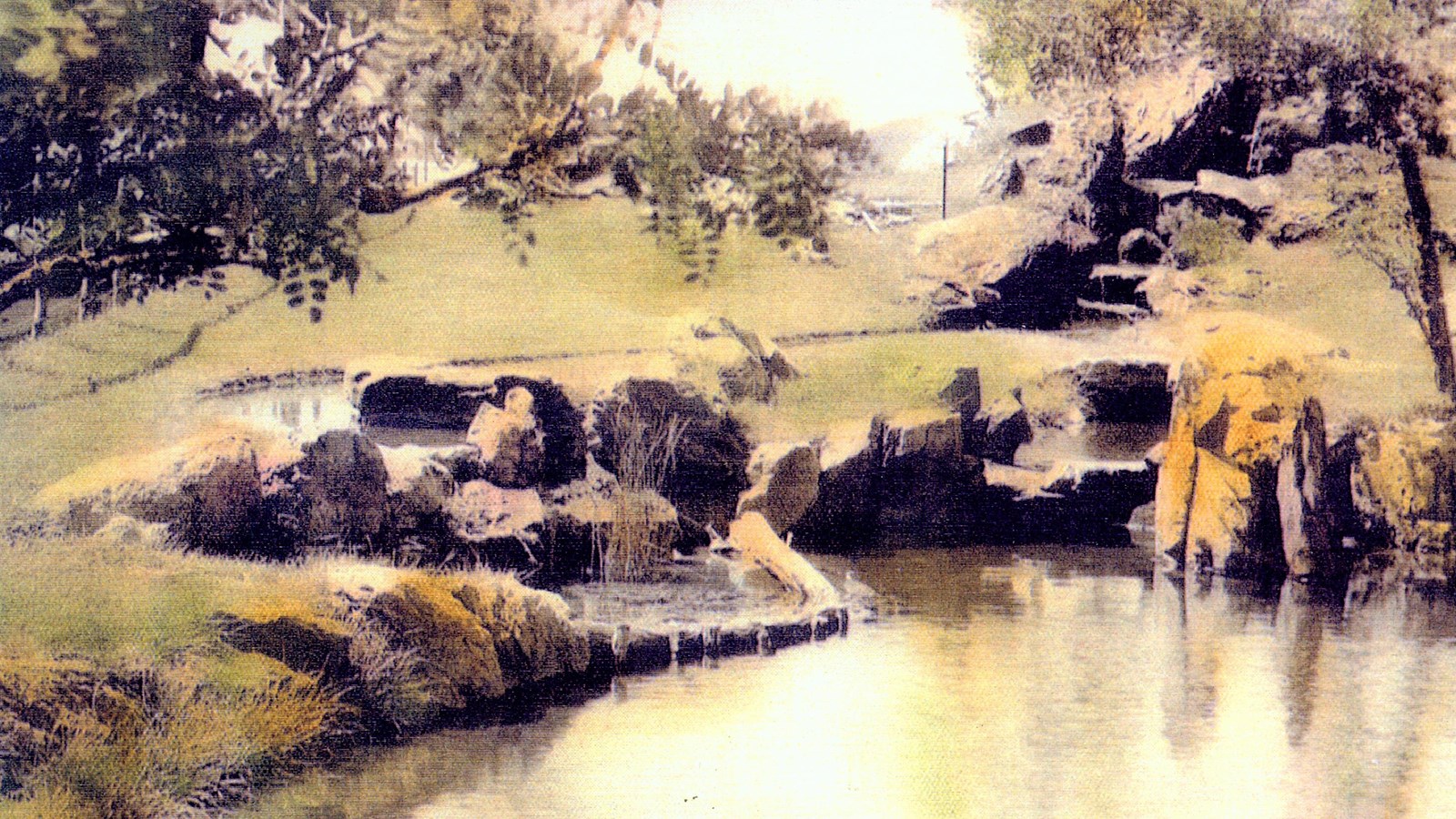 Colorized photo of pond with rocks and greenery