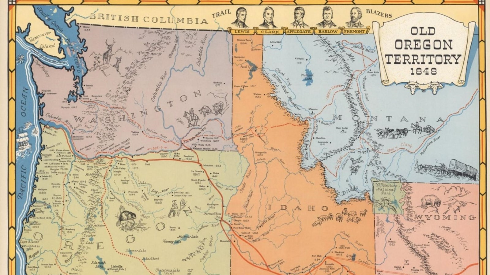 Colorful map of the oregon territory showing the settlement routes and settler trails