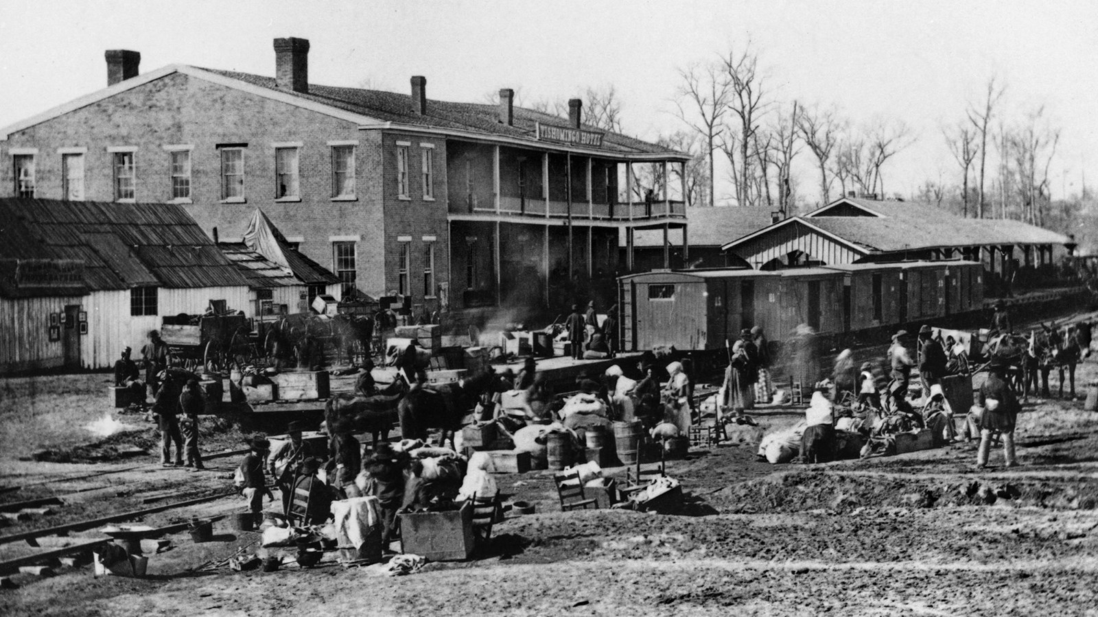 Historic black and white image of the crossroads
