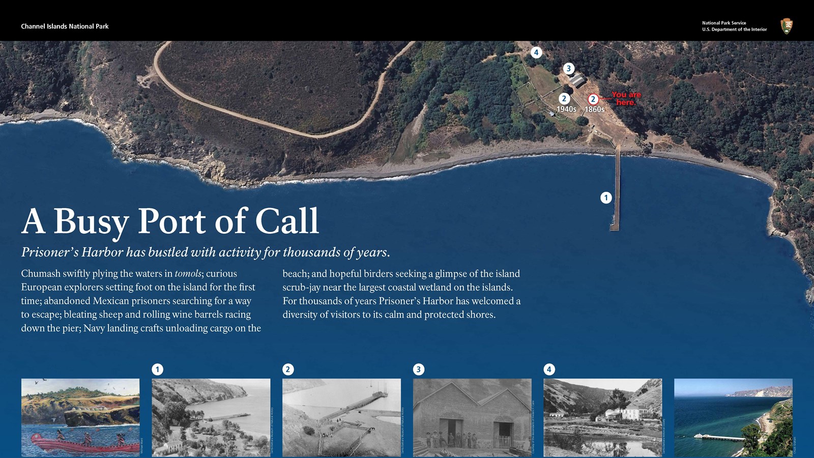 This wayside sits beside the corral, just beyond the pier and picnic area. A timeline demonstrates h