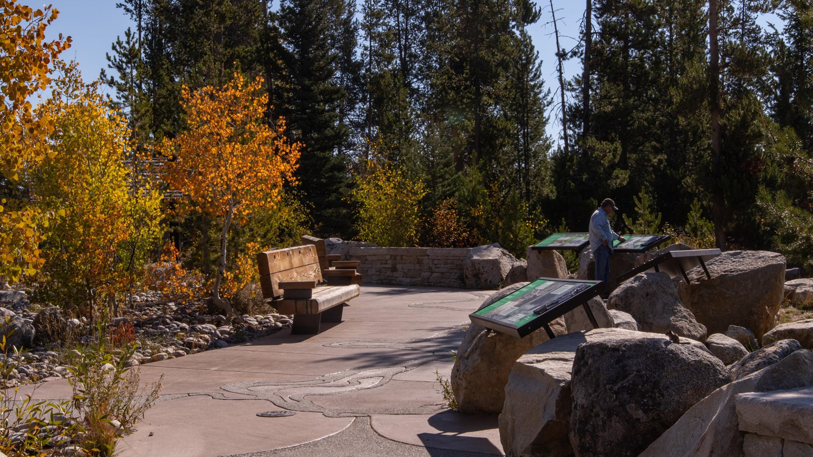 A man looks at multiple exhibit panels overlooking the river at a plaza with trees and rocks.