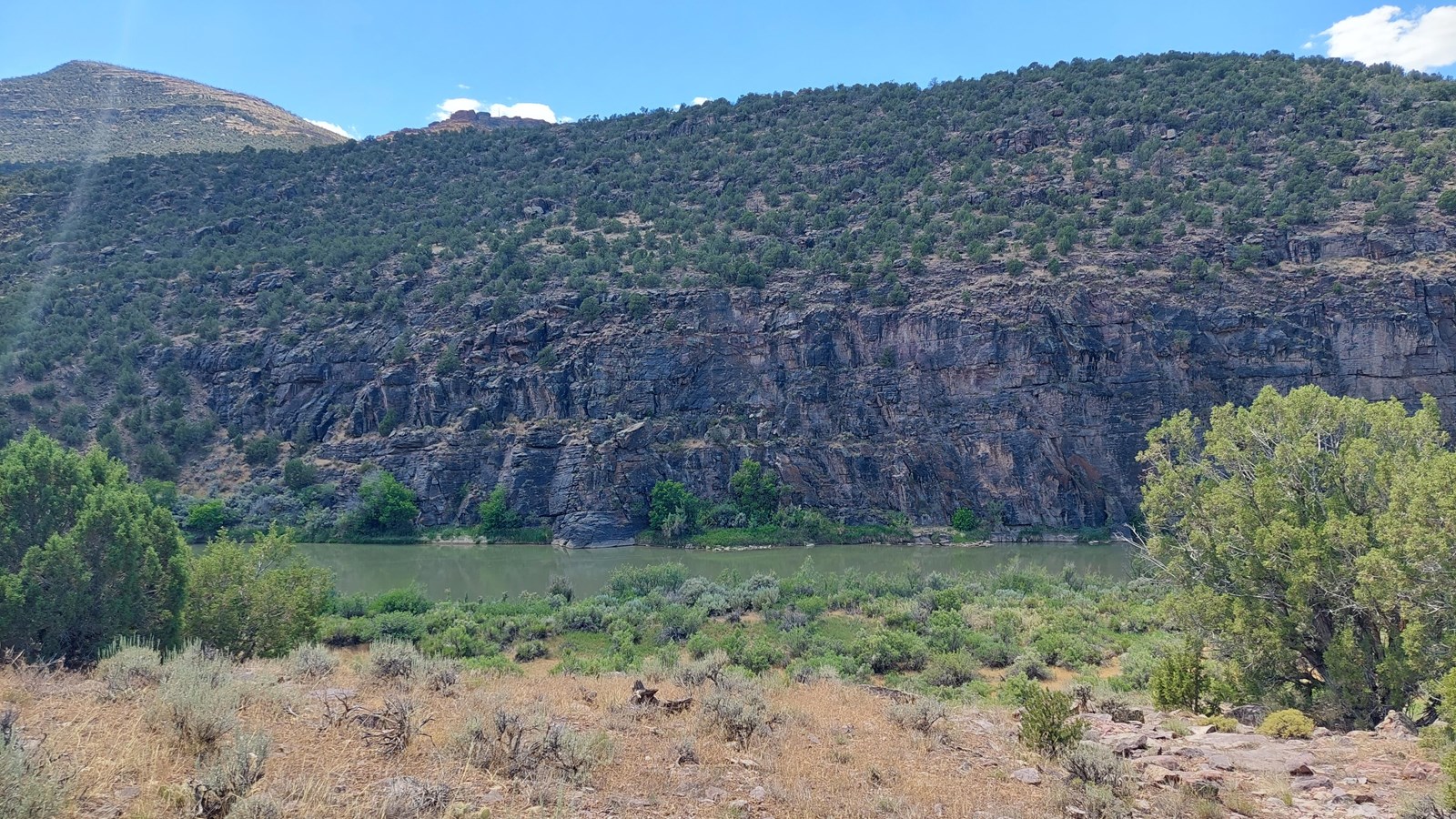 A rugged , rocky cliff face towering above a greenish flowing river.