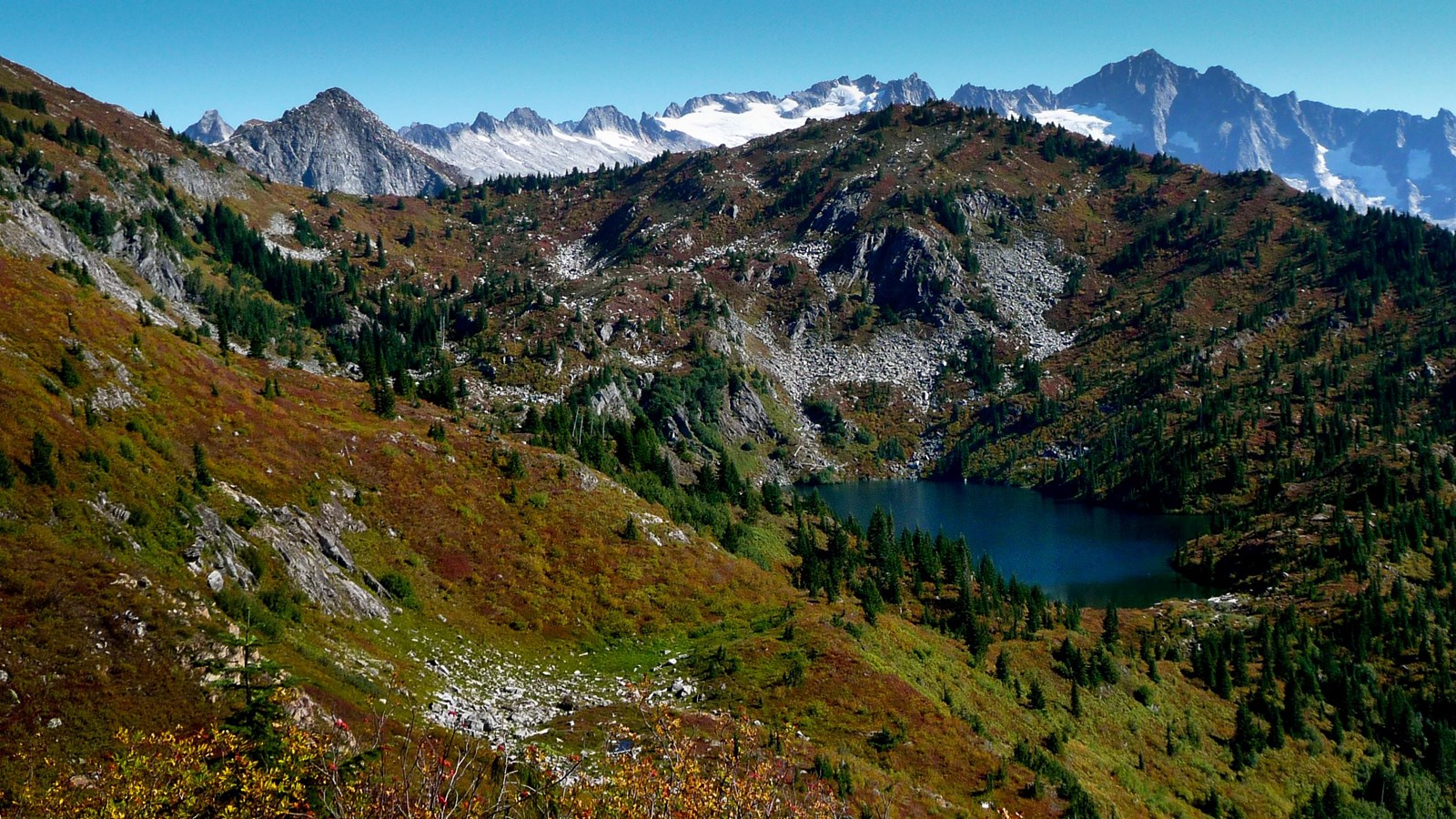 A small blue subalpine lake surrounded by meadows, with mountains behind.