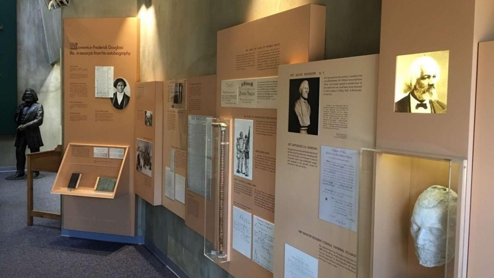 Exhibits inside the Frederick Douglass Home visitor center interpret his significance to American hi