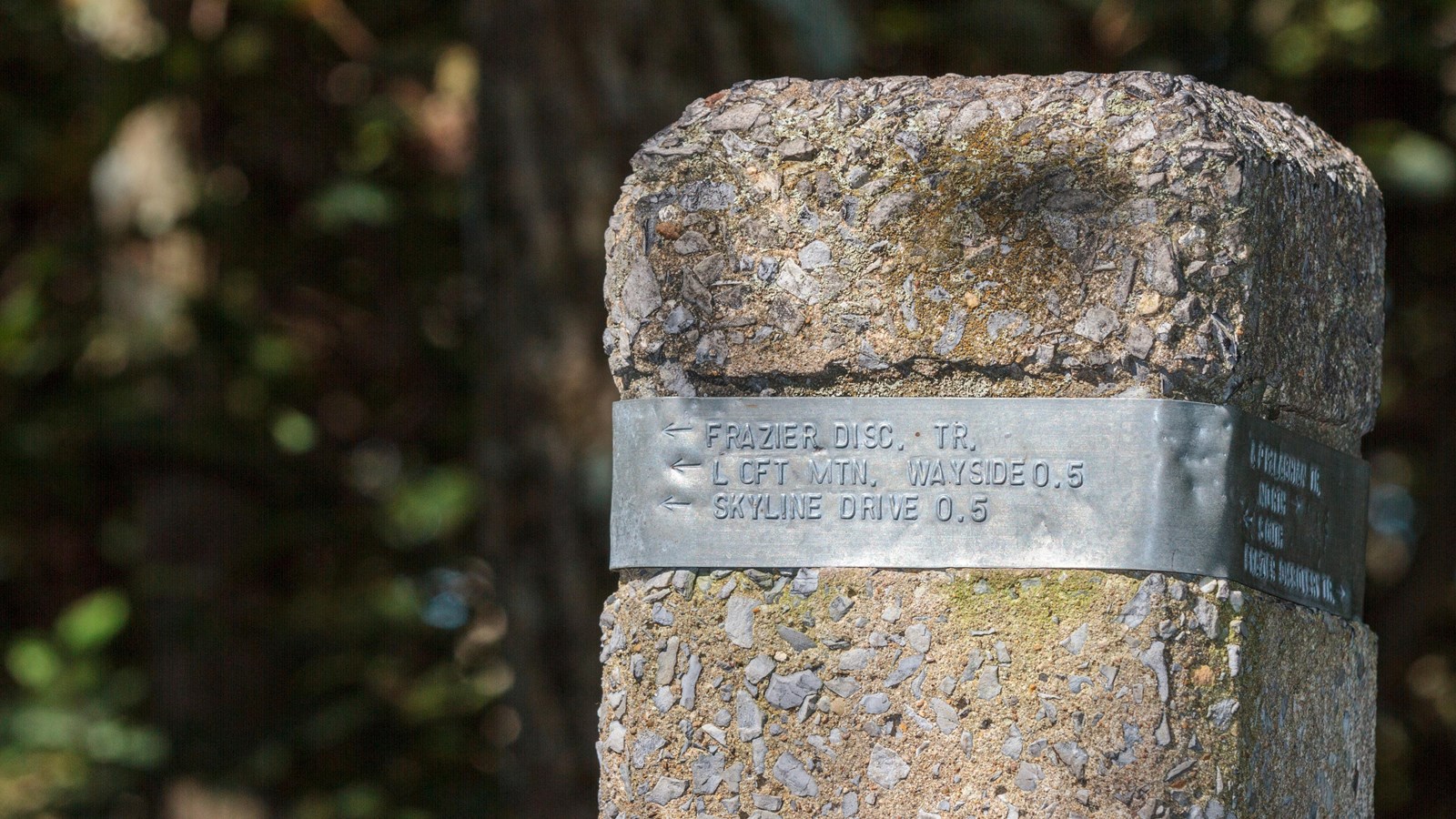 The stone post that marks the junction between Frazier Discovery Trail and the Appalachian Trail