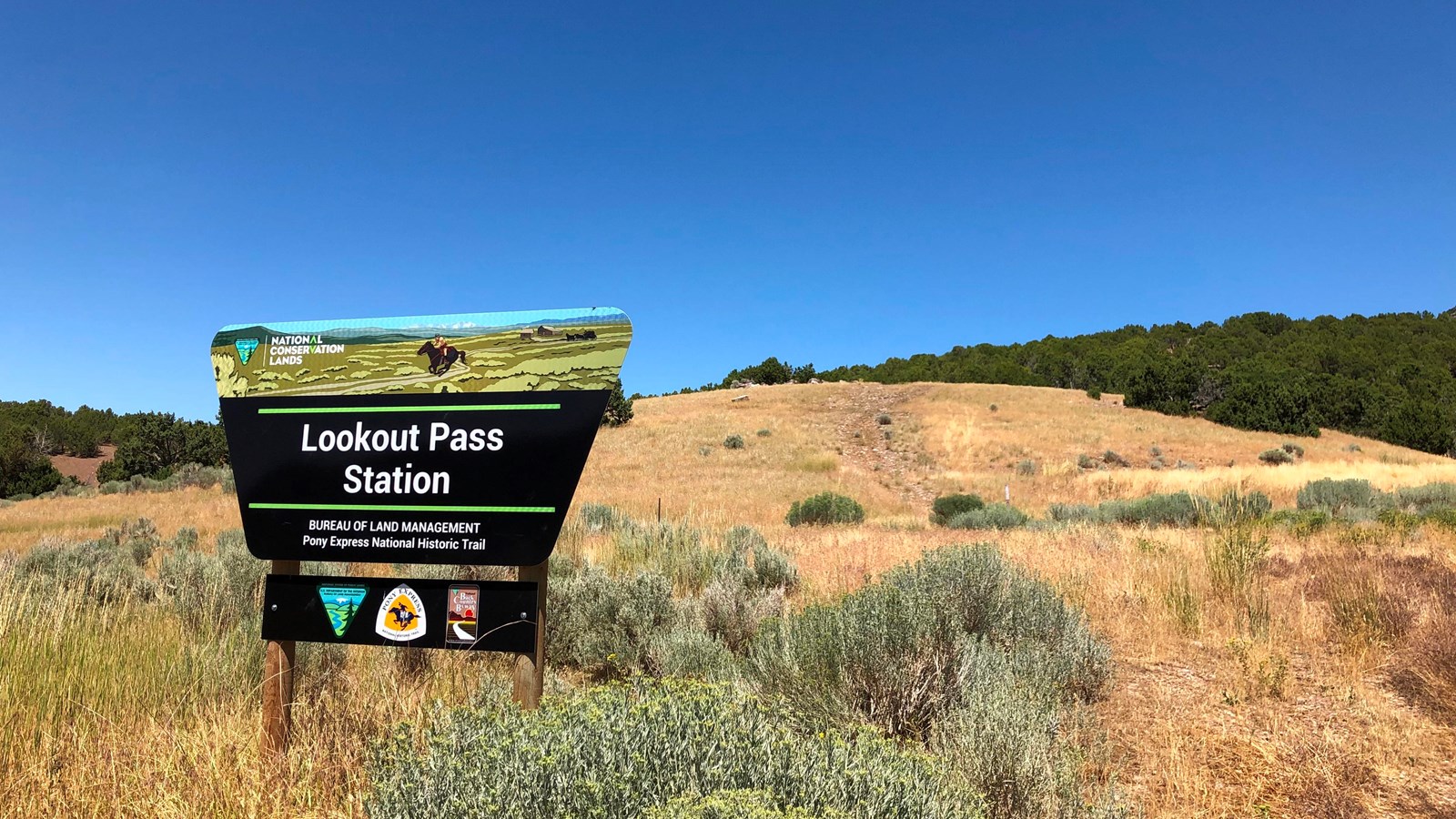 BLM sign and fencepost mark historic station amid grassy knoll, junipers, and clear blue sky.