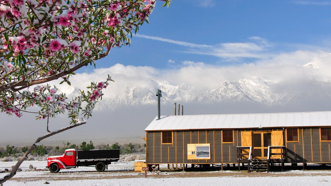 The Block 14 Mess Hall in spring snow.
