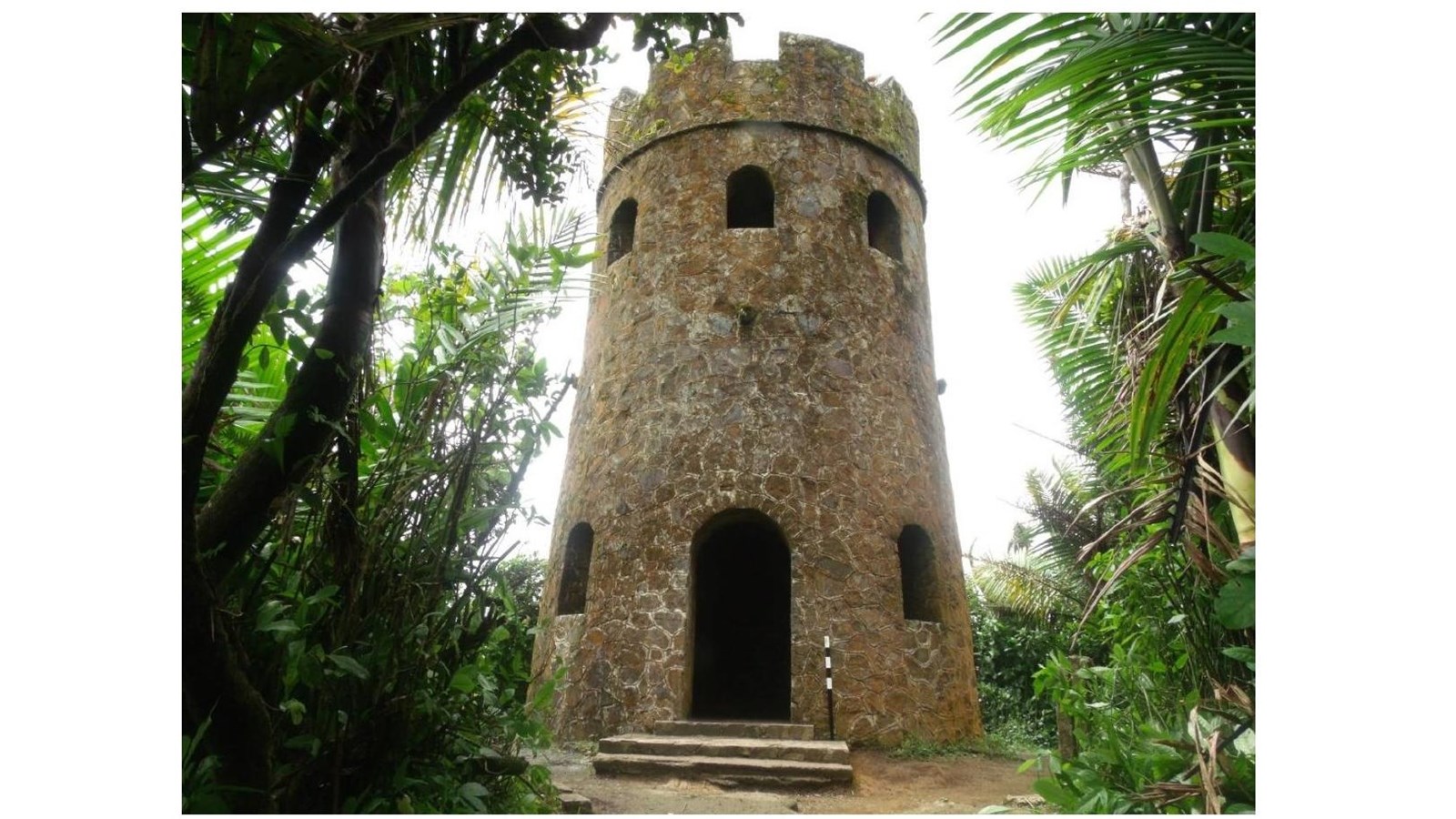 Image of a cobblestone tower surrounded by vegetation.