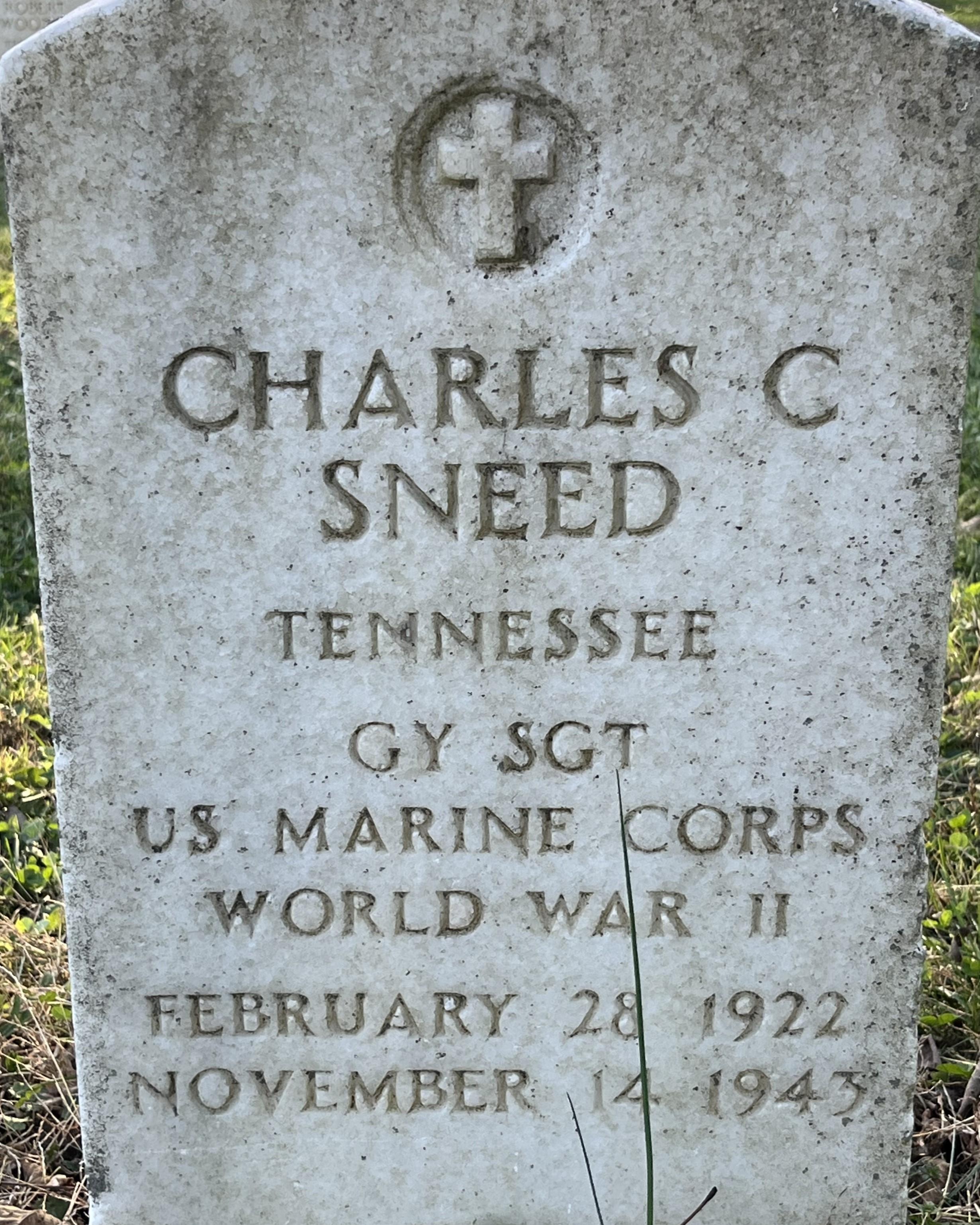 Headstone of gunnery sergeant Charles Sneed at Stones River National Cemetery.