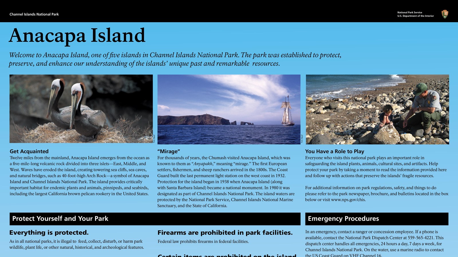 Welcome sign with text and pictures of Anacapa Island.