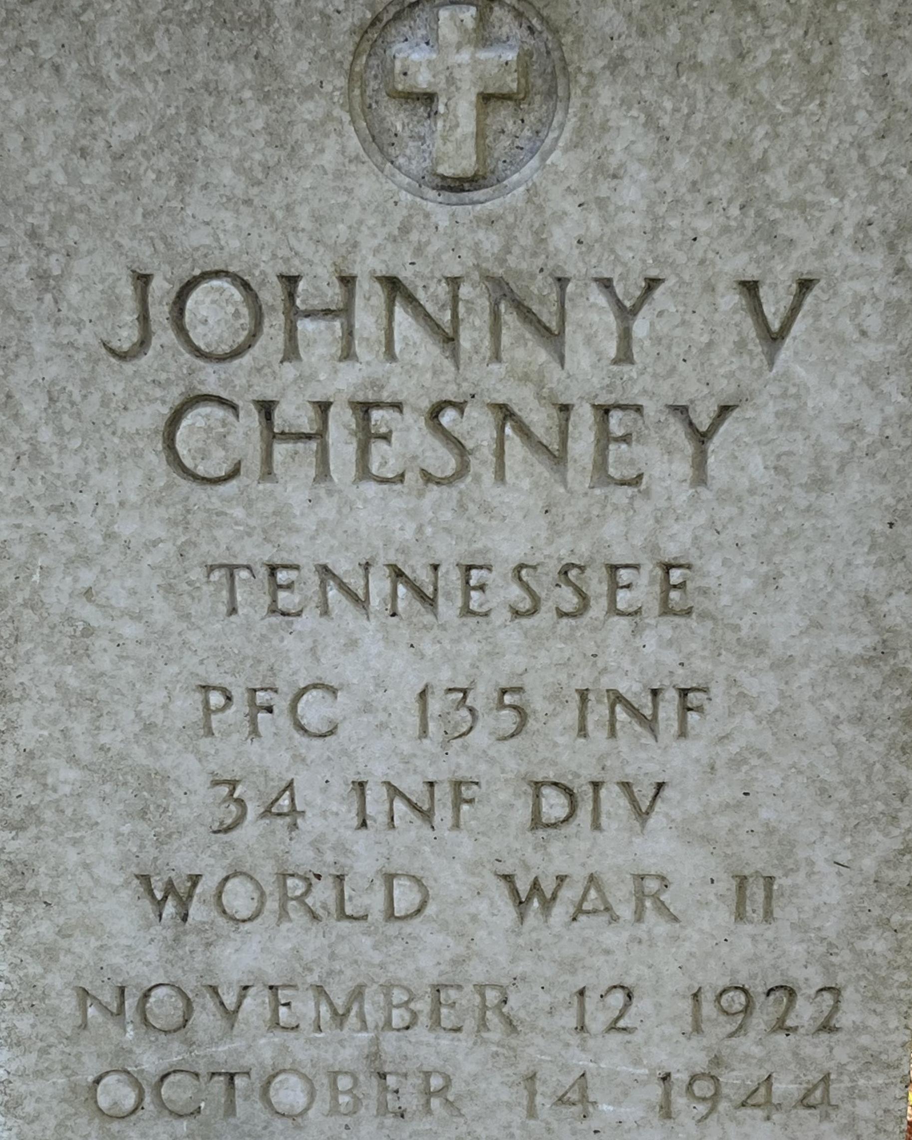Headstone belonging to PFC Chesney who fought in World War II. 