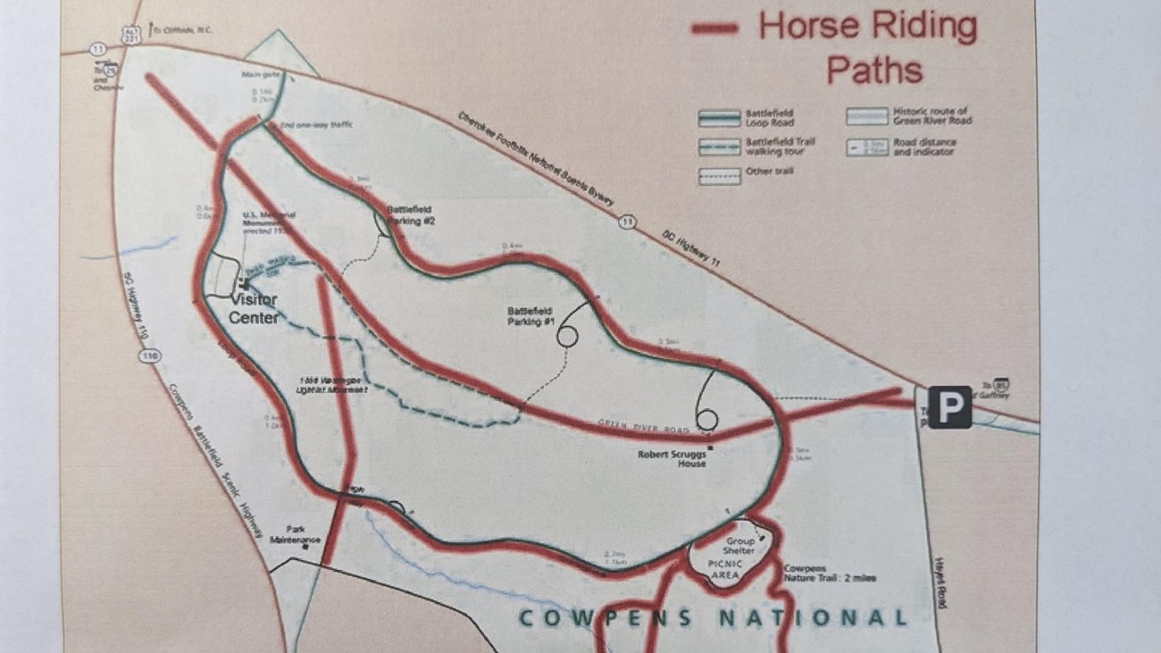 Map of Cowpens National Battlefield with Horse Paths highlighted.