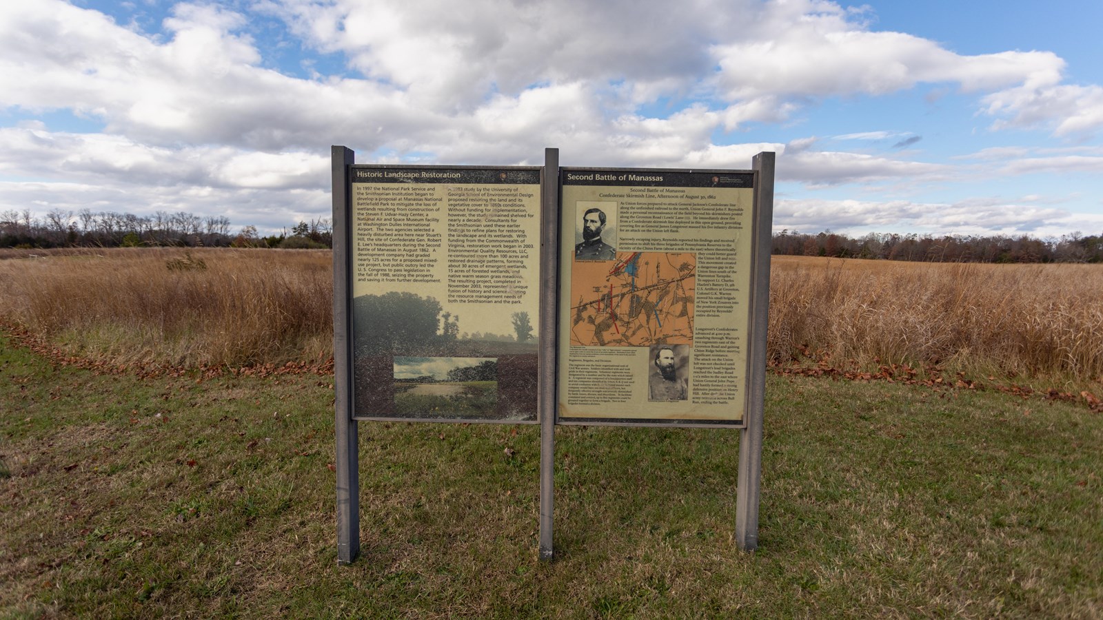 An image of a small pond is depicted next to a map of the Manassas battle lines.